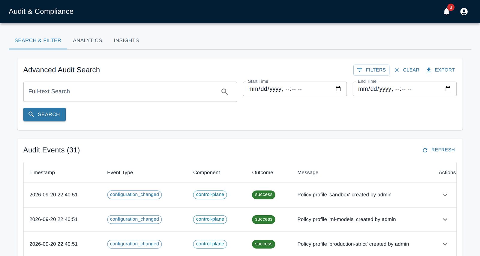 The Cold Harbour audit trail, with full-text and date search, export, and audit events listed by type, component and outcome