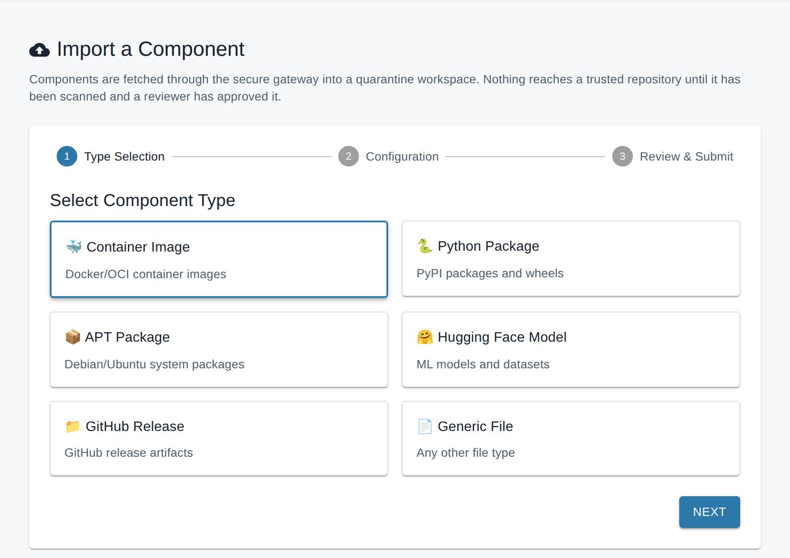 The Cold Harbour import wizard, offering container images, Python and APT packages, Hugging Face models, GitHub releases and generic files