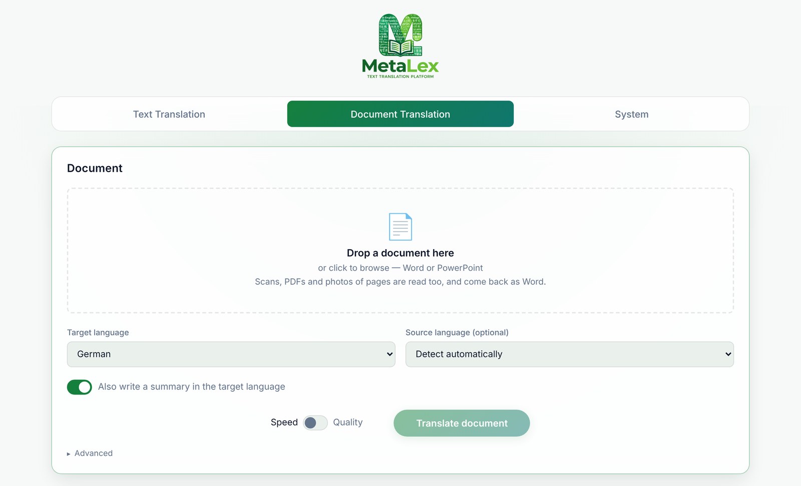 MetaLex Document Translation view with a drop zone for Word, PowerPoint, PDFs and scans, language choices and a summary option