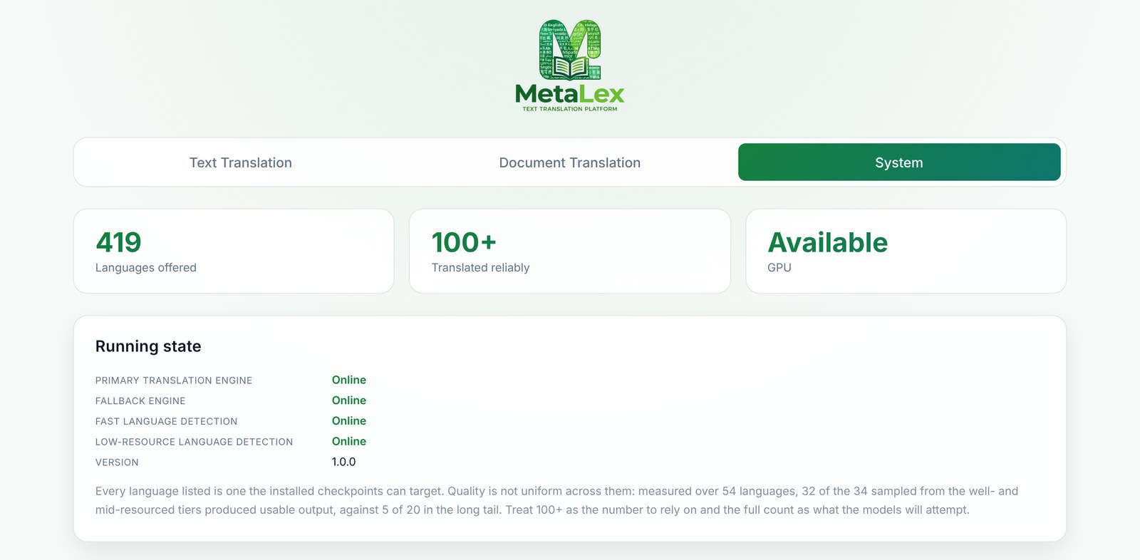 MetaLex System view showing the languages offered and translated reliably, with every engine and detector online