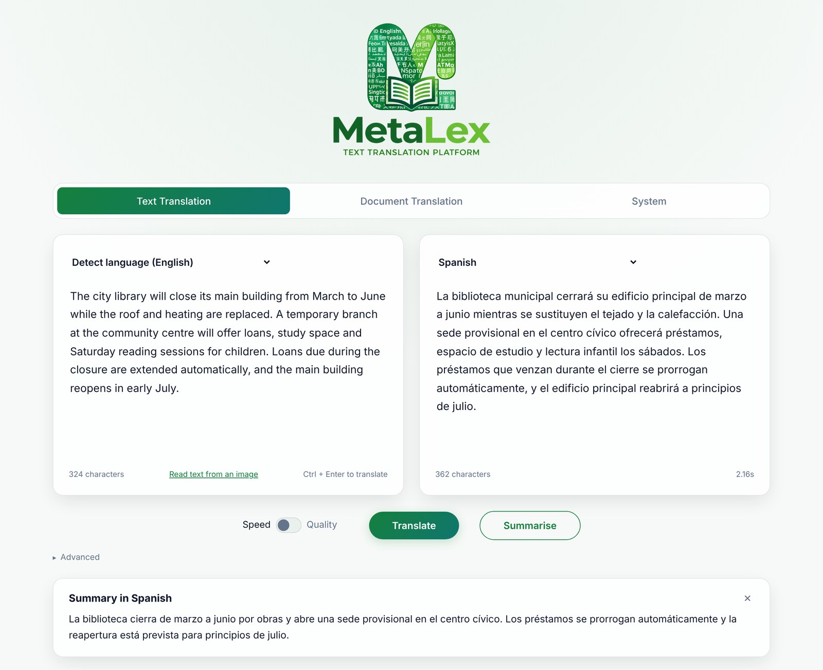 MetaLex translating an English notice into Spanish, with a summary in Spanish shown below the translation